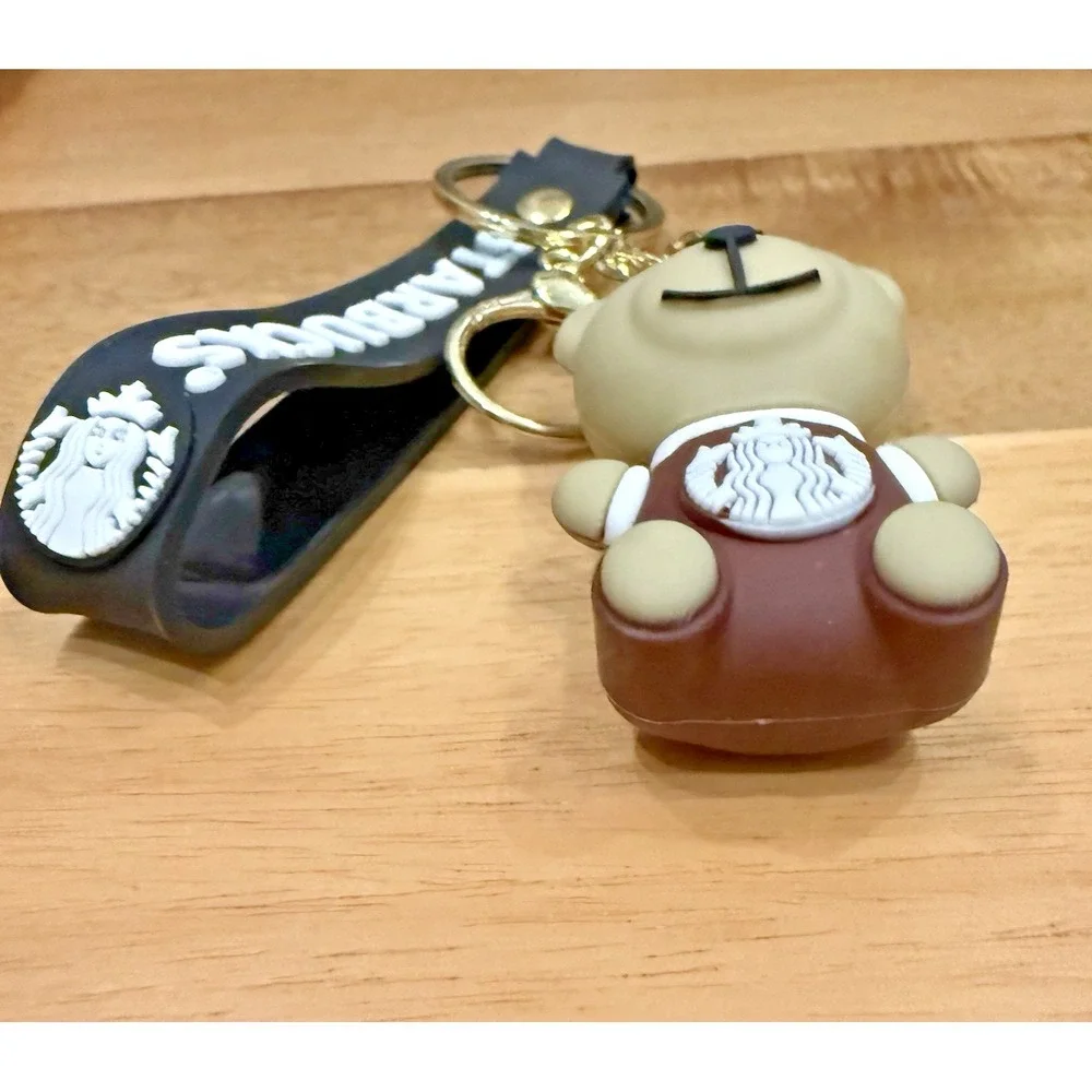 Coffee‎ Bear Brown Apron Rubber & Metal Keychain New